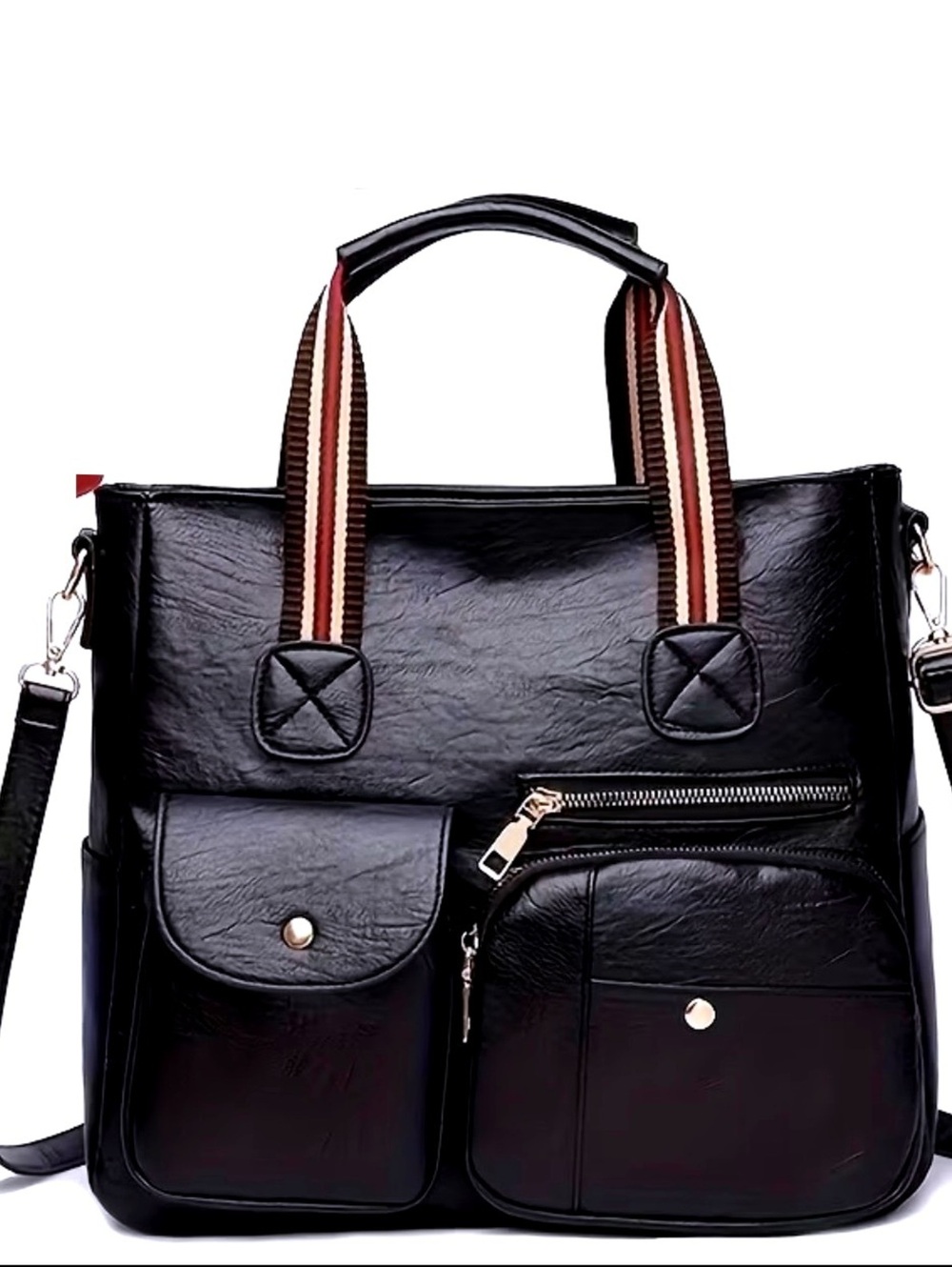 New -Fabulous Black Faux Leather Shoulder Tote Bag w/Stylish Striped Handles